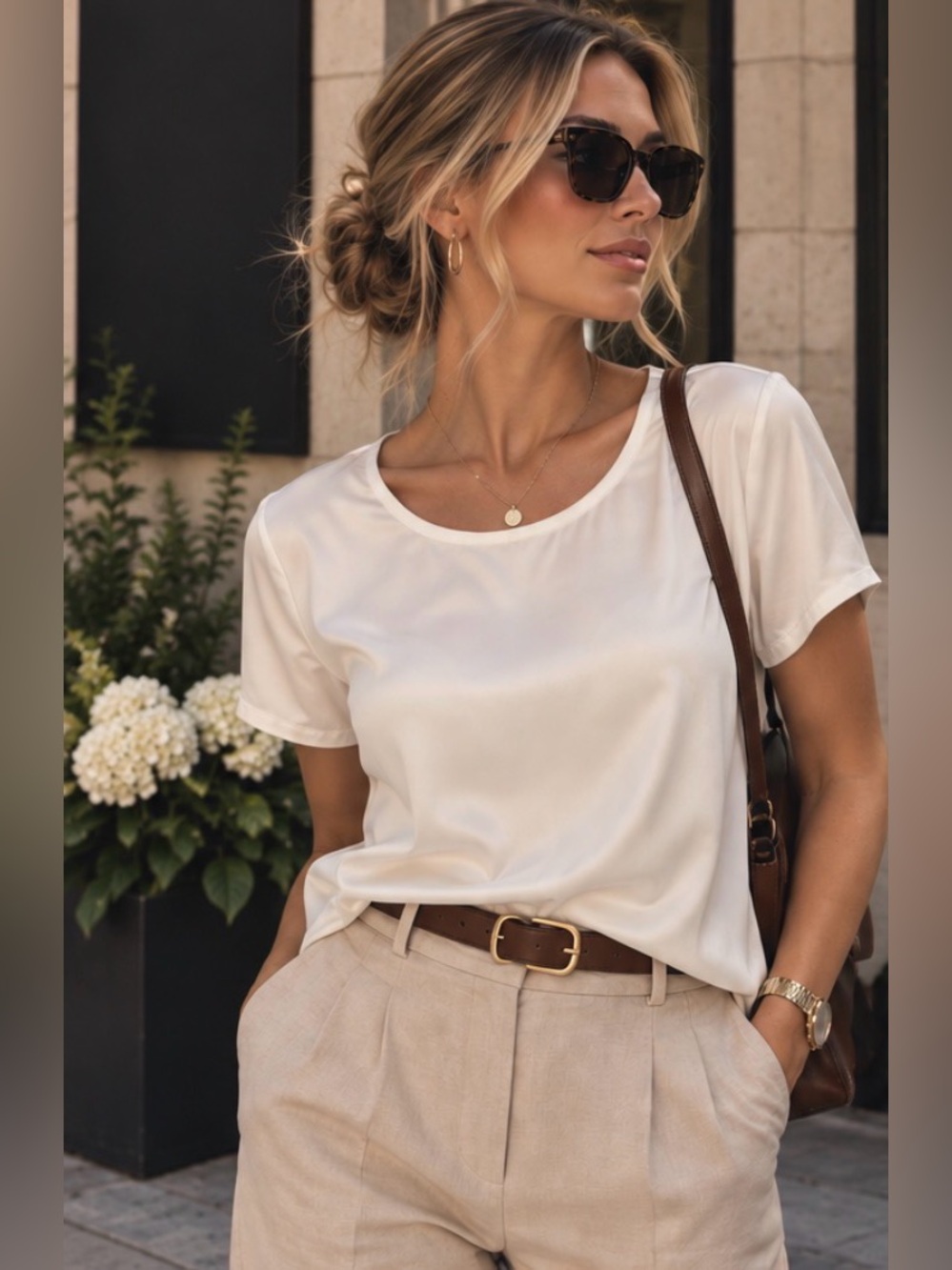 Quince Washable Stretch Silk Tee Ivory L NWT